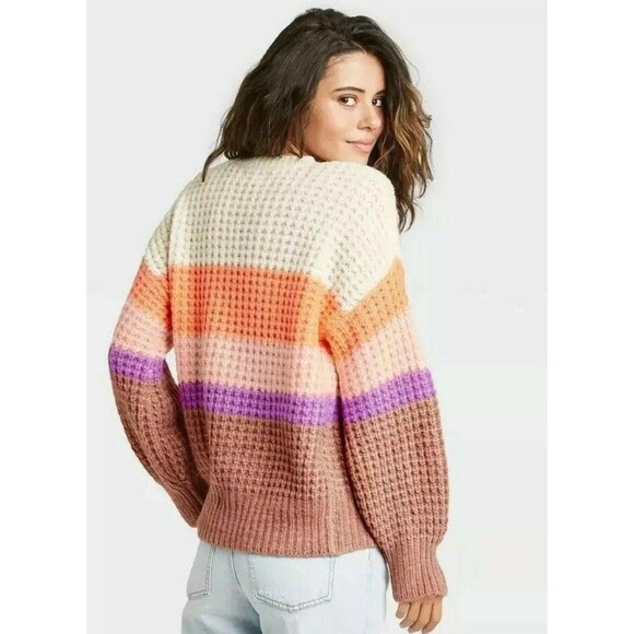 Universal Thread Striped Knit Sweater M Crewneck Pullover Orange Purpke Winter - Picture 2 of 14